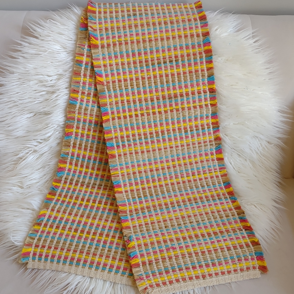 Threshold Table Runner Woven 14x72 Natural Jute Multicolor Stripe Fringe